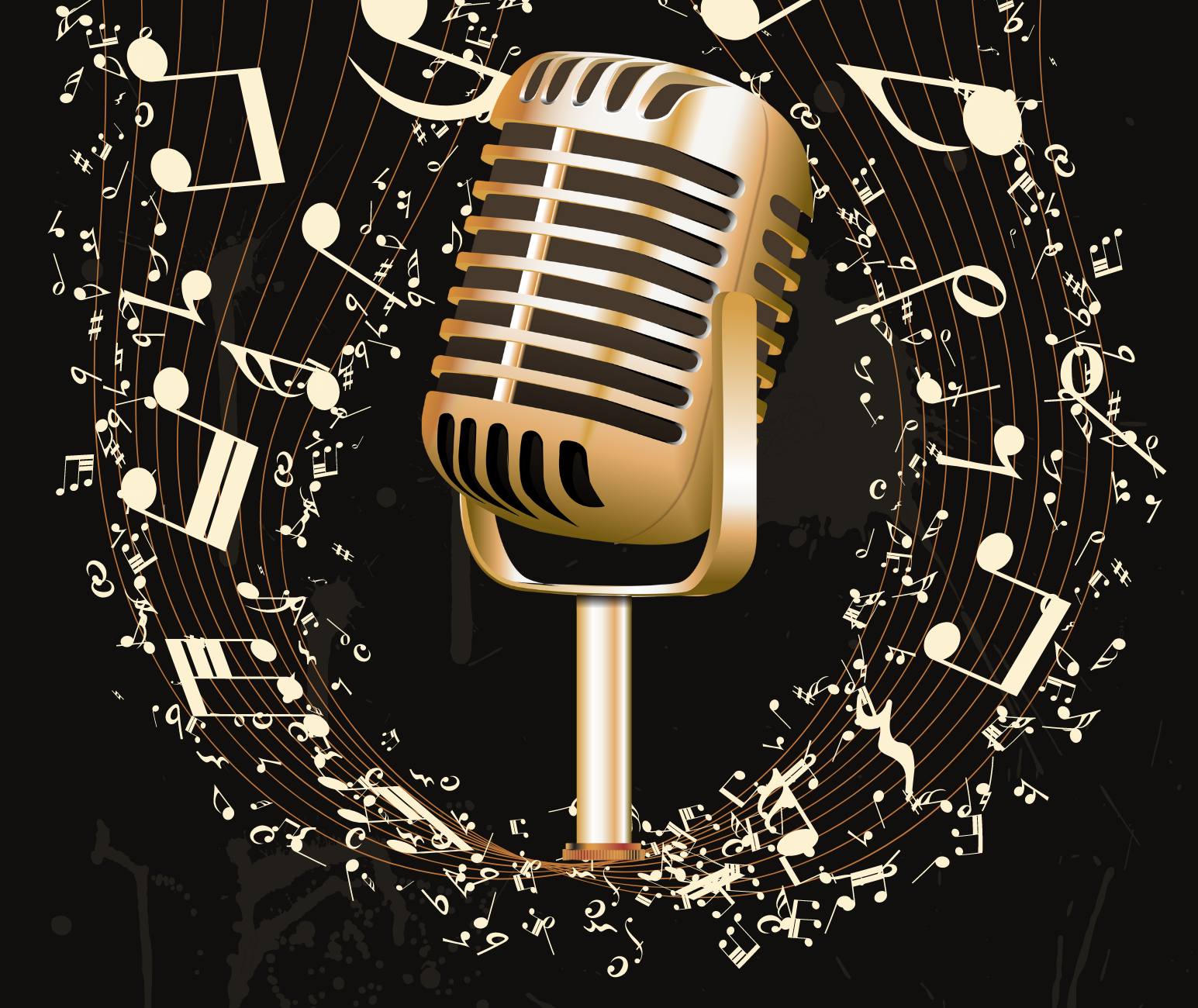 Event logo and multi-colored gold microphone and musical notes over black background