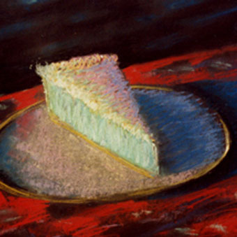 Pie, by Rhett Miller (painting of piece of pie on a dish on a red tablecloth)