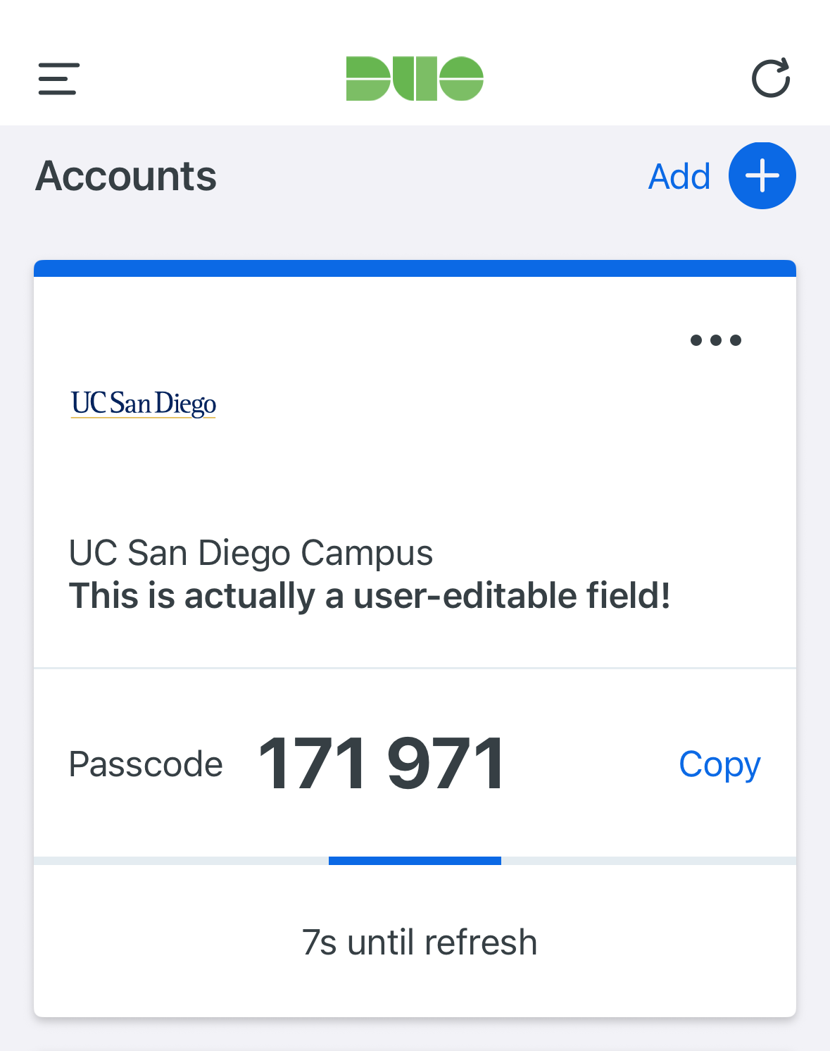 Screenshot of DUO app showing passcode