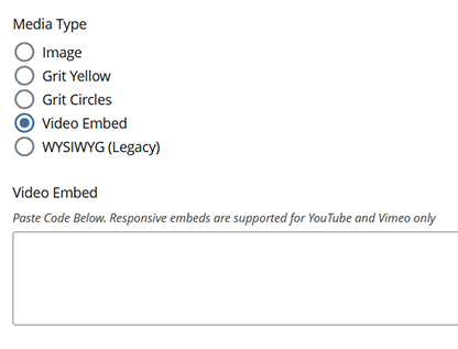 Screen shot of call to action video embed option