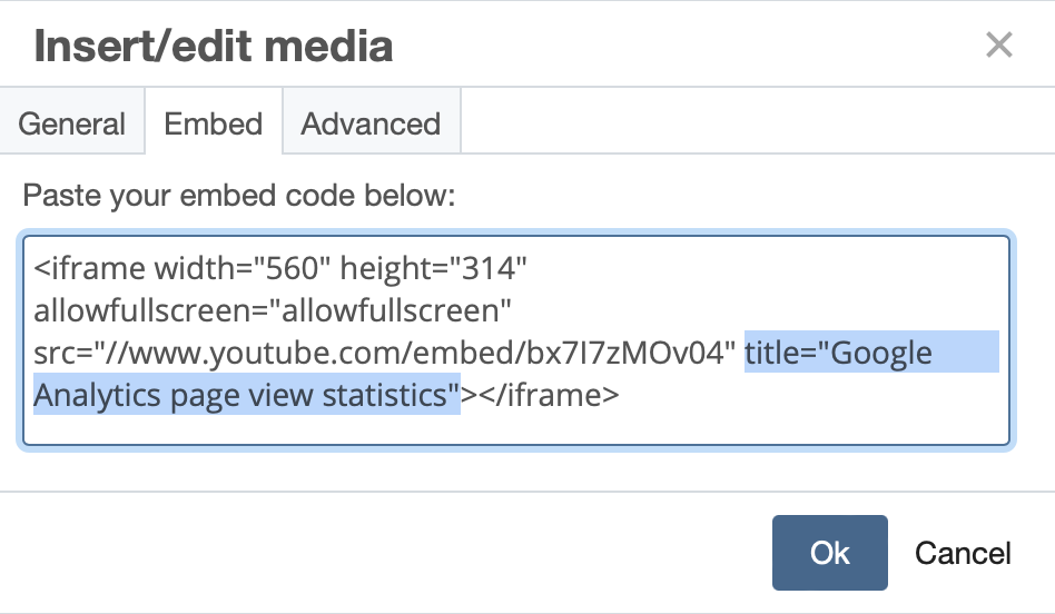Screen shot of embed code with title